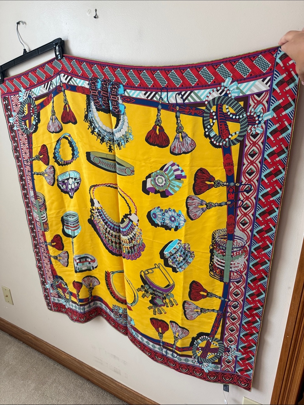 NWT Baoshidi 100% Silk Scarf Hand Rolled‎ Edges Jewelry Tassels Red Yellow